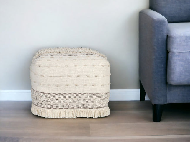 18" Cream Cotton Striped Pouf Ottoman