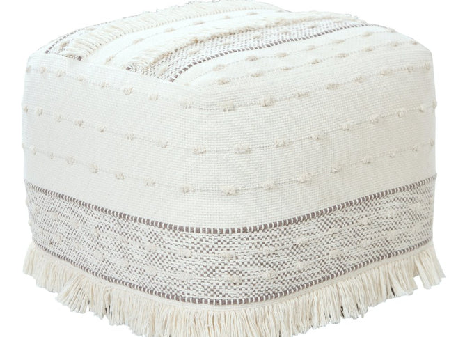 18" Cream Cotton Striped Pouf Ottoman