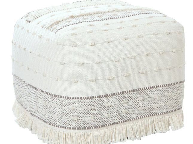 18" Cream Cotton Striped Pouf Ottoman