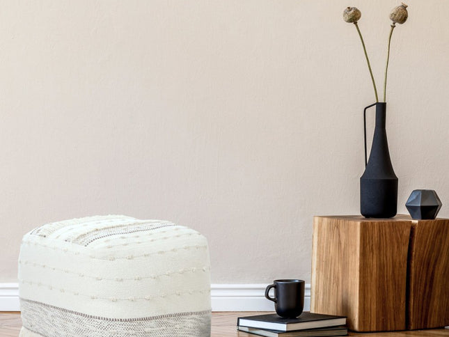 18" Cream Cotton Striped Pouf Ottoman