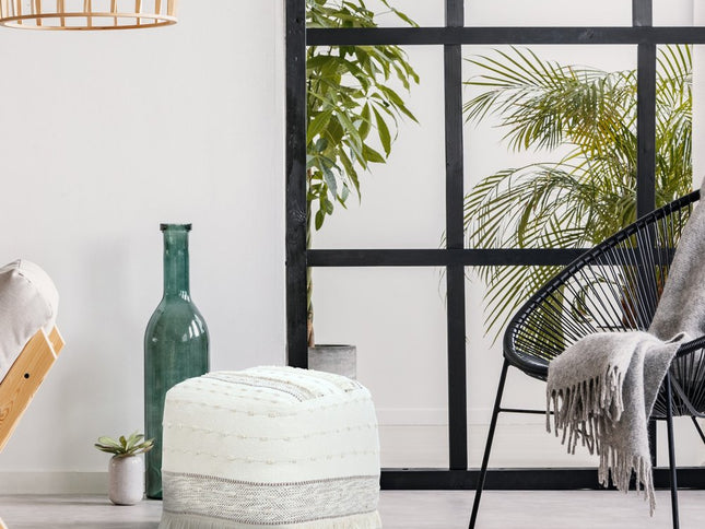 18" Cream Cotton Striped Pouf Ottoman