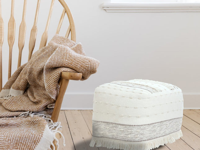 18" Cream Cotton Striped Pouf Ottoman