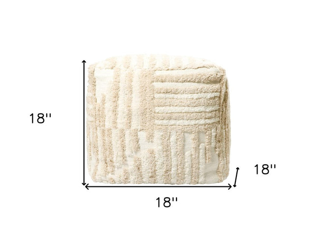 18" Beige Cotton Cube Striped Pouf Ottoman