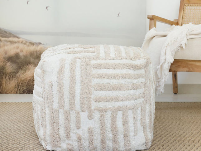 18" Beige Cotton Cube Striped Pouf Ottoman