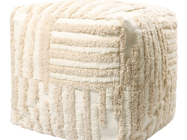 18" Beige Cotton Cube Striped Pouf Ottoman