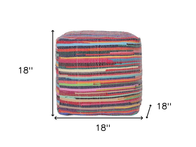 18" Red And Black Cotton Cube Striped Pouf Ottoman