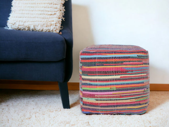 18" Red And Black Cotton Cube Striped Pouf Ottoman