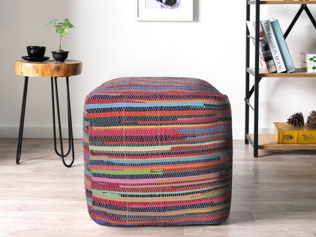 18" Red And Black Cotton Cube Striped Pouf Ottoman