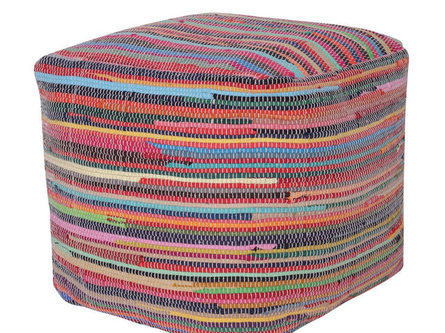18" Red And Black Cotton Cube Striped Pouf Ottoman