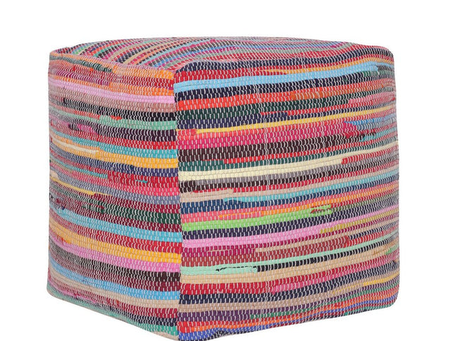 18" Red And Black Cotton Cube Striped Pouf Ottoman