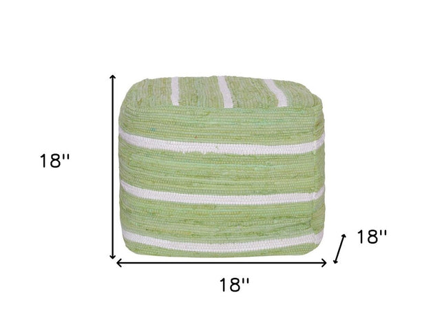 18" Green And White Cotton Cube Striped Pouf Ottoman