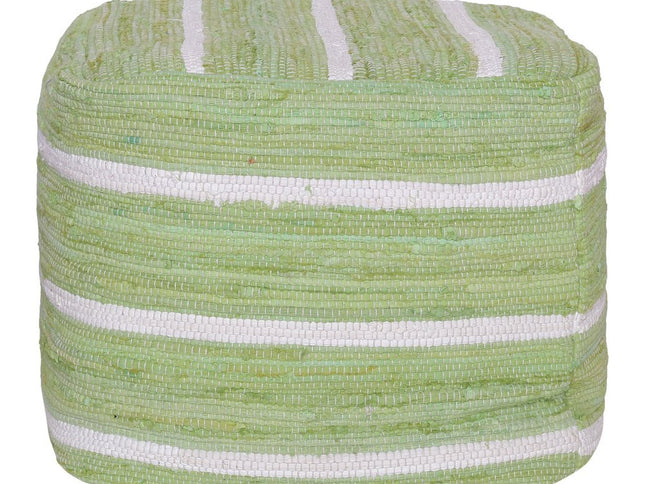 18" Green And White Cotton Cube Striped Pouf Ottoman