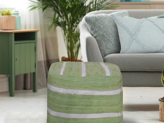 18" Green And White Cotton Cube Striped Pouf Ottoman