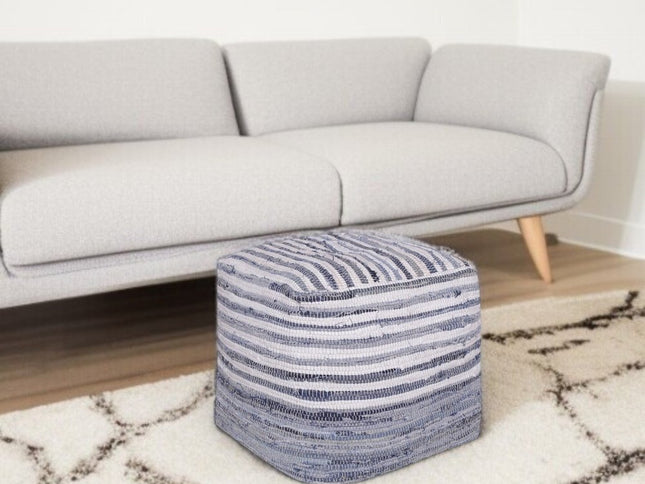 18" Blue Cotton Cube Striped Pouf Ottoman