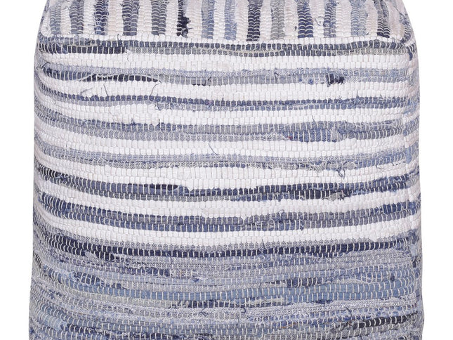 18" Blue Cotton Cube Striped Pouf Ottoman