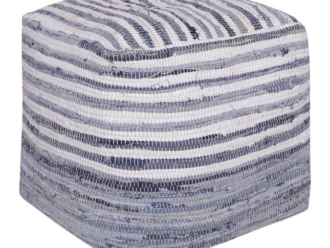 18" Blue Cotton Cube Striped Pouf Ottoman
