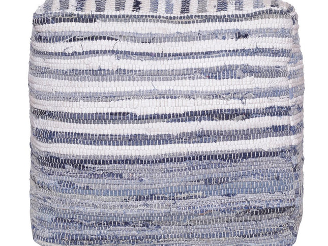 18" Blue Cotton Cube Striped Pouf Ottoman