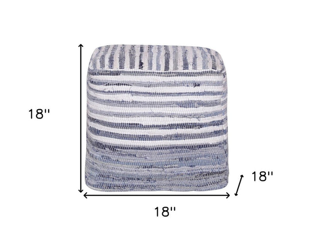 18" Blue Cotton Cube Striped Pouf Ottoman