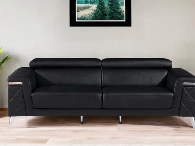 89" Black Italian Leather Sofa With Silver Legs