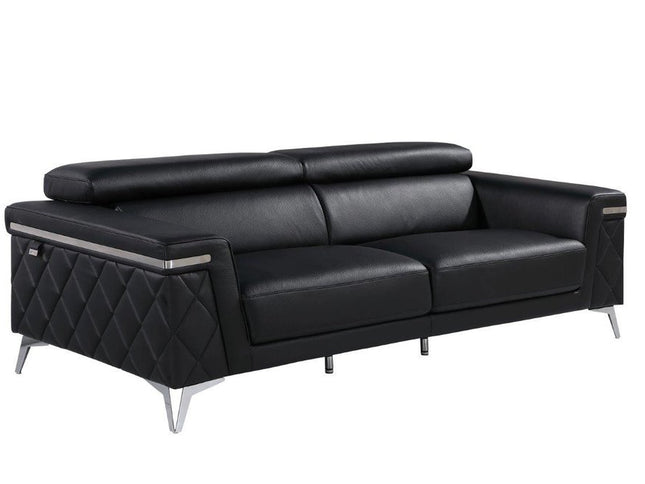 89" Black Italian Leather Sofa With Silver Legs