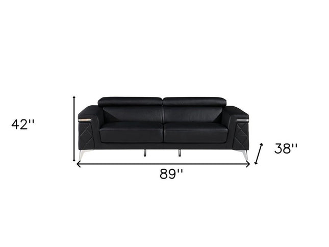 89" Black Italian Leather Sofa With Silver Legs
