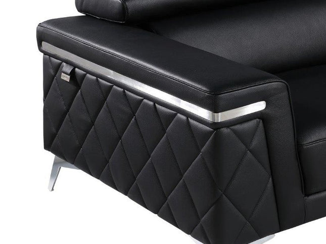 89" Black Italian Leather Sofa With Silver Legs