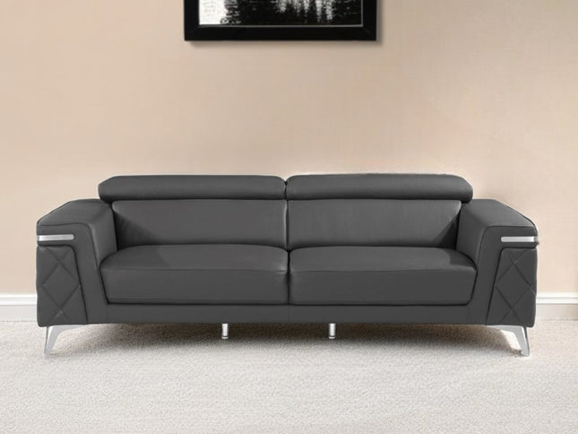 89" Dark Gray Italian Leather Sofa With Silver Legs