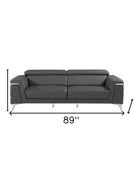 89" Dark Gray Italian Leather Sofa With Silver Legs