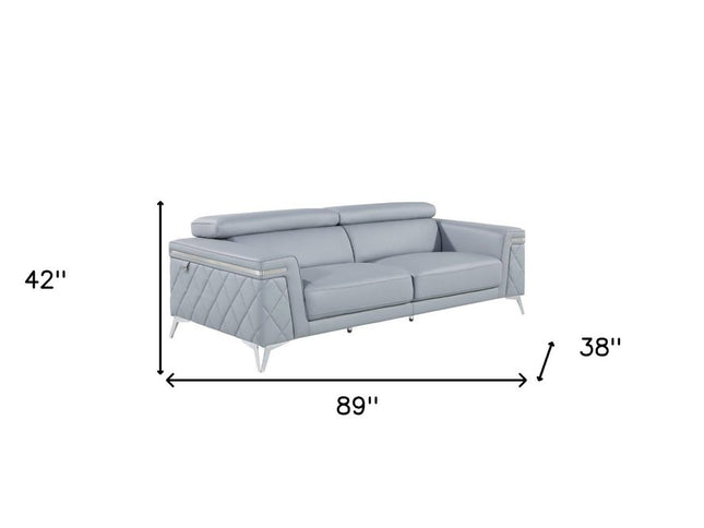 89" Light Blue Italian Leather Sofa With Silver Legs