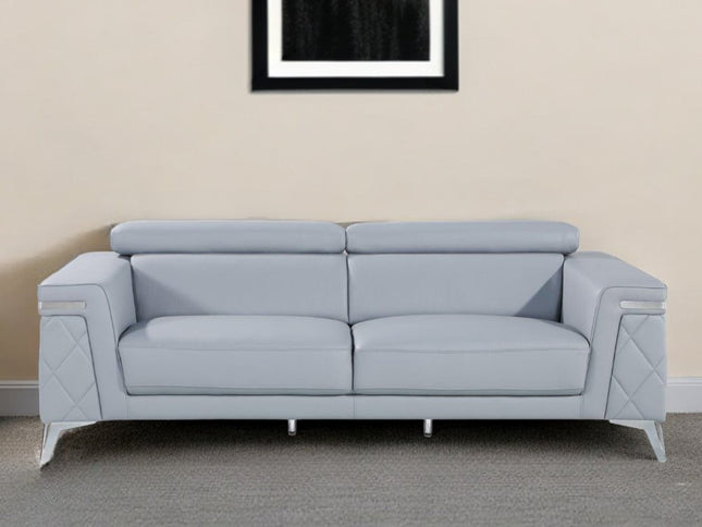 89" Light Blue Italian Leather Sofa With Silver Legs