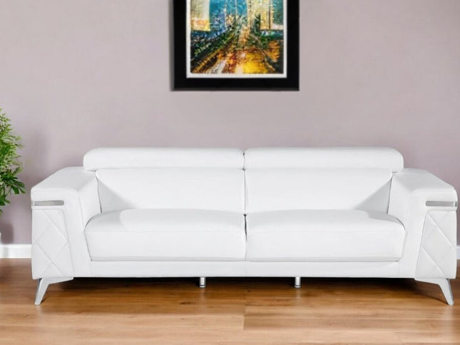89" White Italian Leather Sofa With Silver Legs