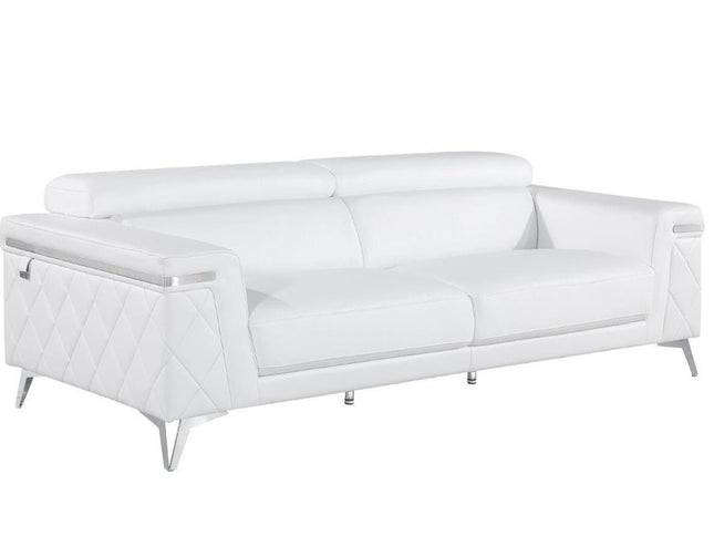 89" White Italian Leather Sofa With Silver Legs