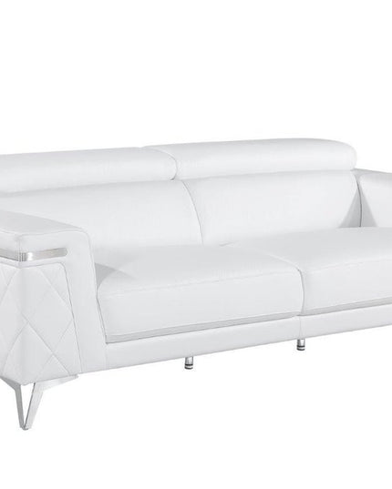 89" White Italian Leather Sofa With Silver Legs