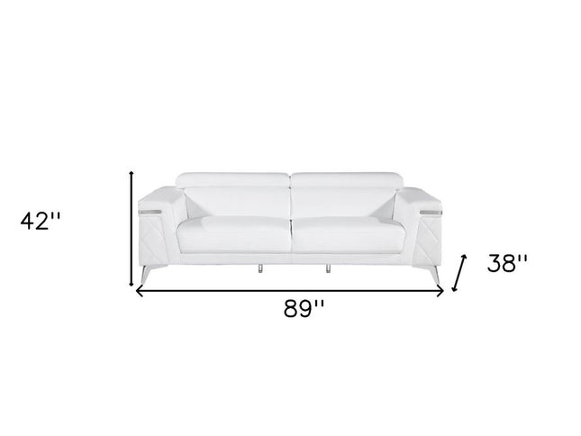 89" White Italian Leather Sofa With Silver Legs