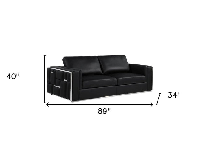 Two Piece Indoor Black Italian Leather Four Person Seating Set