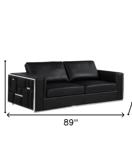 Two Piece Indoor Black Italian Leather Four Person Seating Set