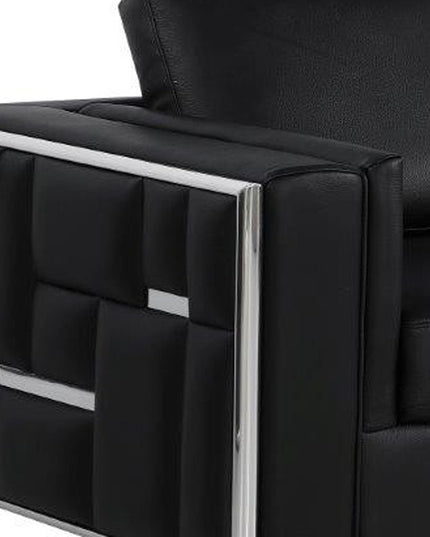 89" Black Italian Leather Sofa With Silver Legs