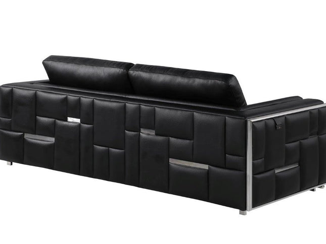 89" Black Italian Leather Sofa With Silver Legs