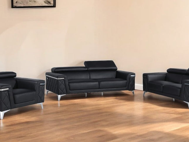 Three Piece Black Italian Leather Five Person Seating Set