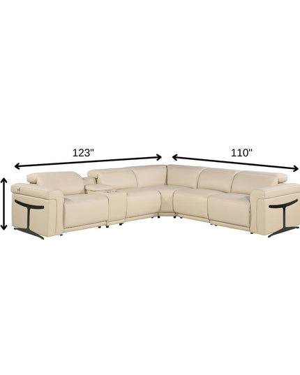 Beige Italian Leather Modular L Shaped Six Piece Corner Sectional With Console