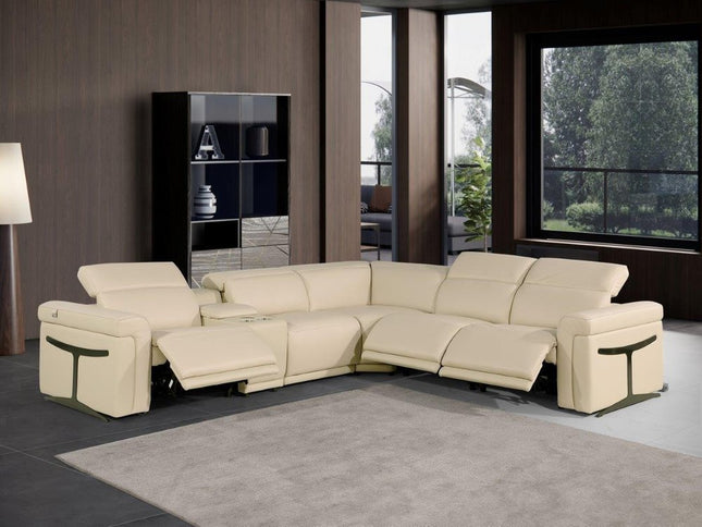 Beige Italian Leather Modular L Shaped Six Piece Corner Sectional With Console