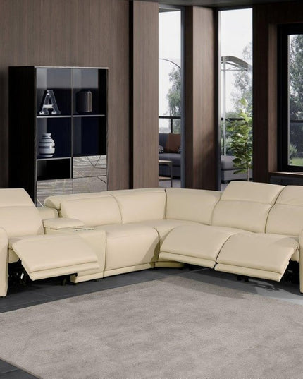 Beige Italian Leather Modular L Shaped Six Piece Corner Sectional With Console