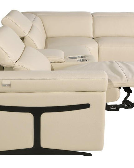 Beige Italian Leather Modular L Shaped Six Piece Corner Sectional With Console