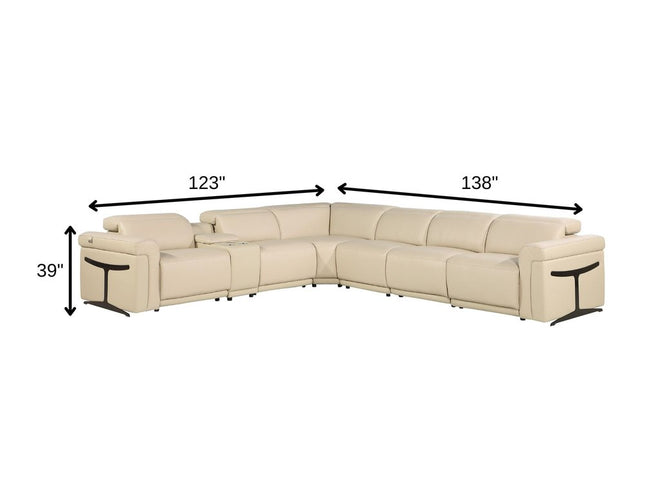 Beige Italian Leather Modular L Shaped Seven Piece Corner Sectional With Console
