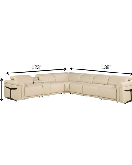 Beige Italian Leather Modular L Shaped Seven Piece Corner Sectional With Console