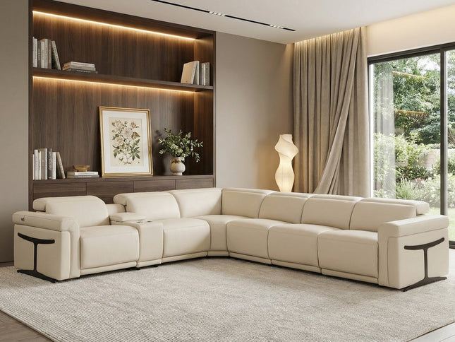 Beige Italian Leather Modular L Shaped Seven Piece Corner Sectional With Console