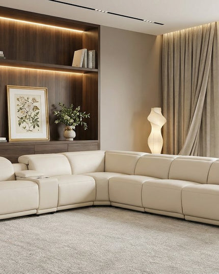Beige Italian Leather Modular L Shaped Seven Piece Corner Sectional With Console
