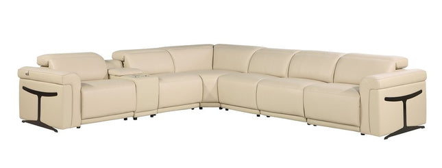 Beige Italian Leather Modular L Shaped Seven Piece Corner Sectional With Console