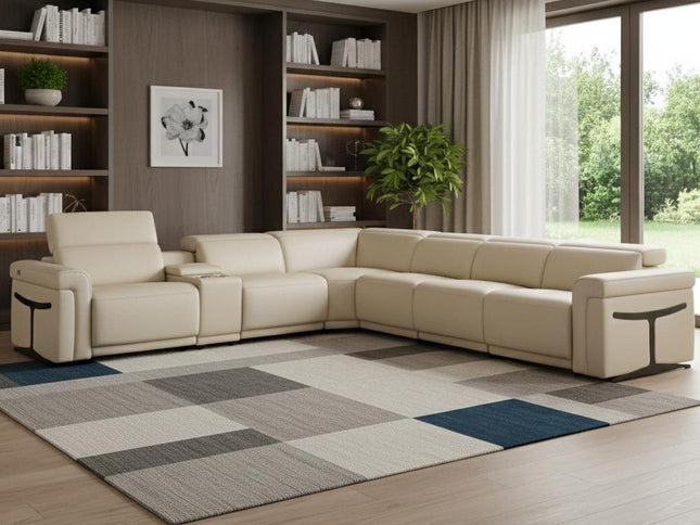 Beige Italian Leather Modular L Shaped Seven Piece Corner Sectional With Console