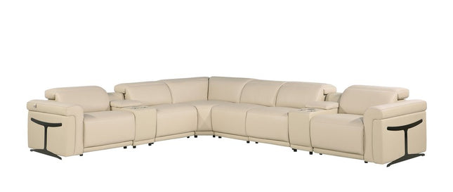 Beige Italian Leather Modular L Shaped Eight Piece Corner Sectional With Console